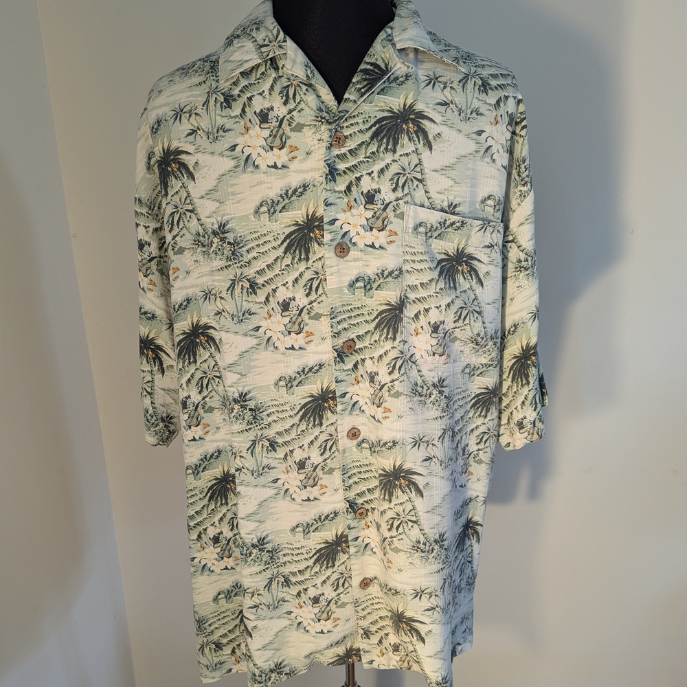 Tommy Bahama 100% Silk Green and White Tropical Button Down Shirt
